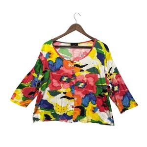 Womens Plus Sz 1X Top 3/4 Sleeve Light Cardigan Lagenlook Artsy Abstract Floral